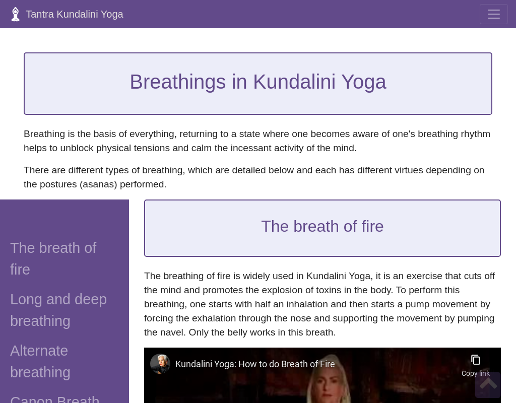 Specific Breathing patterns from Tantra and Kundalini Yoga Glossary